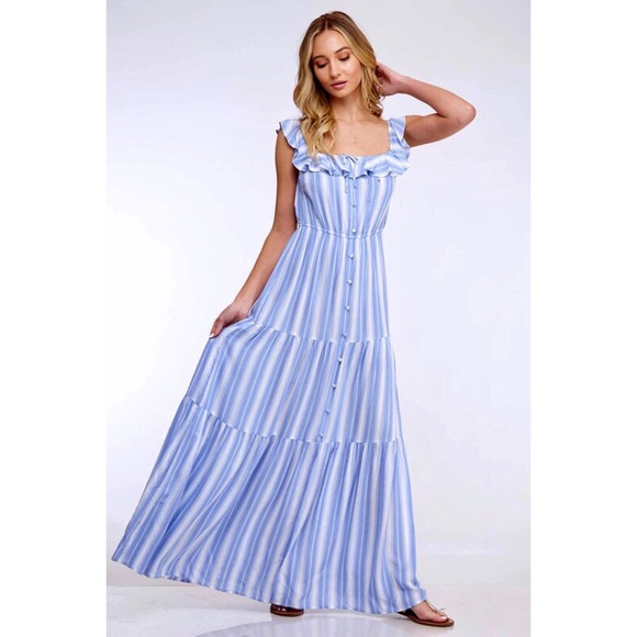 1 L LEFT Blue White Striped Button Down Ruffled Maxi Dress - Picture 5 of 11